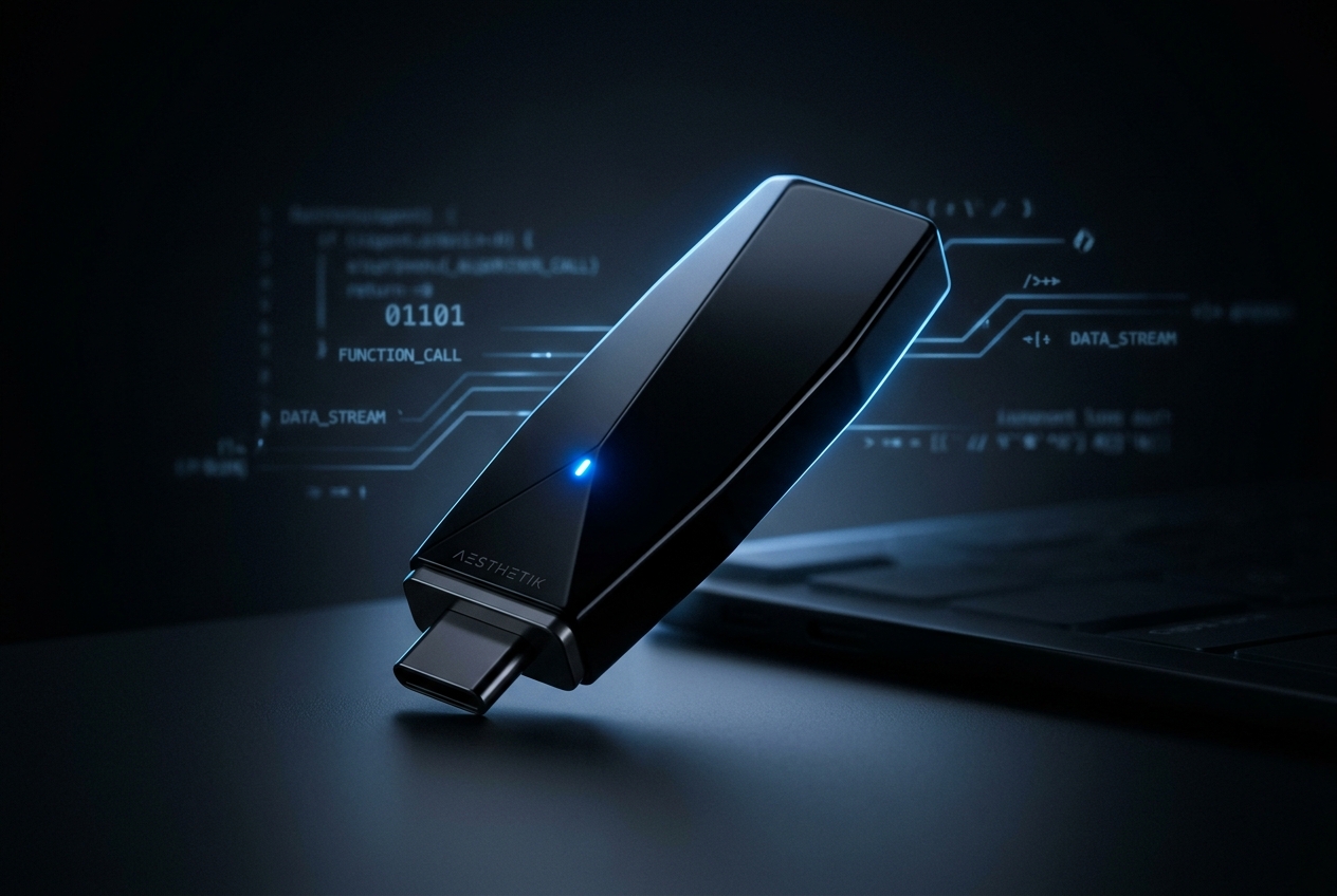 Ghost keep-awake hardware USB dongle next to a MacBook USB-C port.